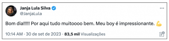 “Meu boy é impressionante”, diz Janja sobre Lula após cirurgia