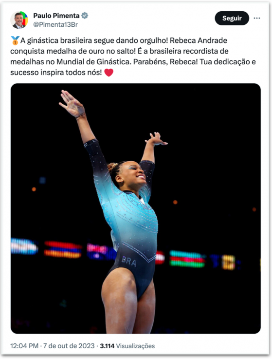 Pimenta dá parabéns a Rebeca Andrade por ouro na ginástica