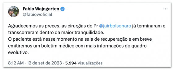 Bolsonaro passa bem após realizar duas cirurgias, diz equipe