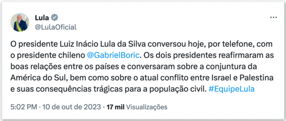 Lula fala sobre conflito de Israel em ligação com presidente chileno