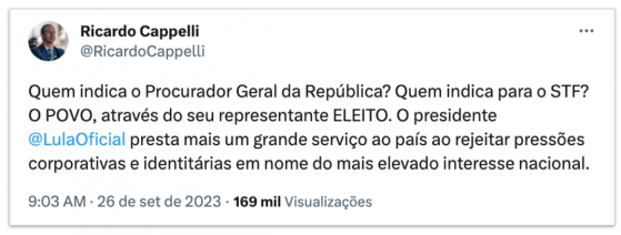 Ricardo Cappelli critica pressão sobre Lula por mulher no STF