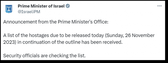 Israel recebe lista de reféns que serão libertados neste domingo