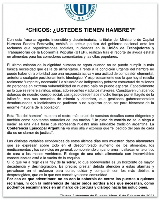 Fome na Argentina não se resolve com arrogância, diz sindicato