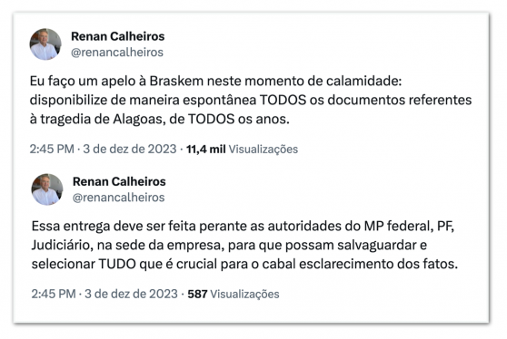 Braskem deve liberar documentos da exploração em Alagoas, diz Renan Calheiros