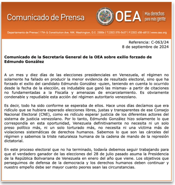 OEA defende posse de González na Venezuela após exílio forçado