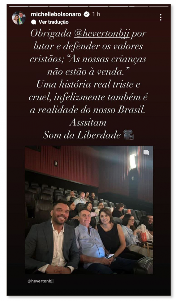 Bolsonaro e Michelle assistem ao filme “Som da Liberdade” em Brasília