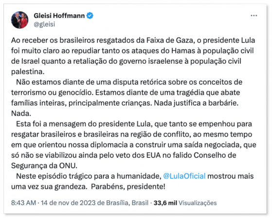 “Nada justifica a barbárie”, diz Gleisi ao defender fala de Lula