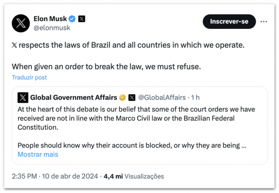 X respeita as leis do Brasil e dos países onde opera, diz Musk