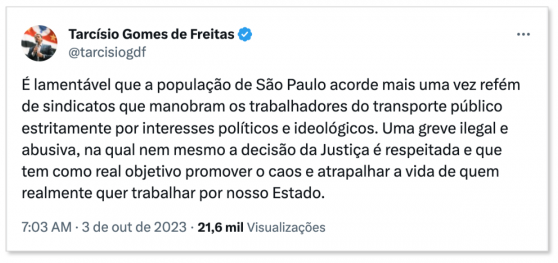 Greve de trens e metrô em São Paulo é política, diz Tarcísio