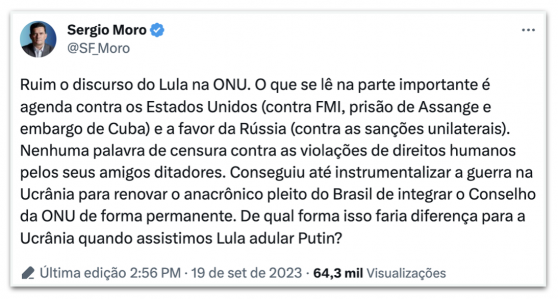 Oposição critica discurso de Lula na ONU