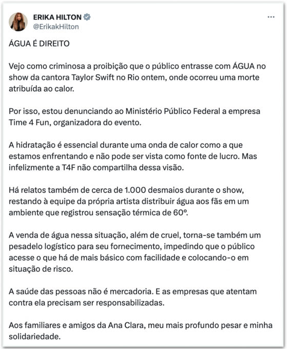 Após morte em show, Erika Hilton aciona MPF contra empresa responsável