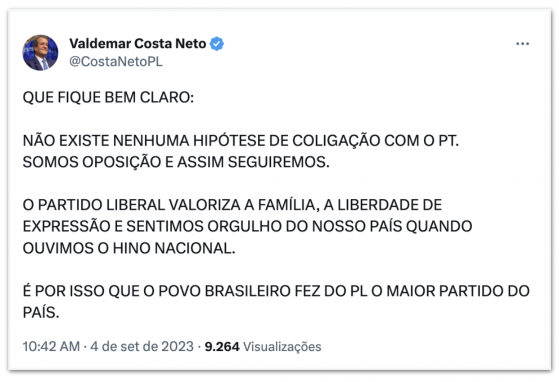 Valdemar Costa Neto diz que não há hipótese de aliança com PT