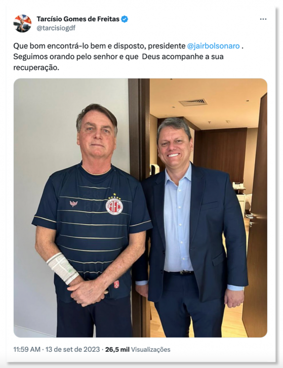 Tarcísio visita Bolsonaro no hospital após cirurgias