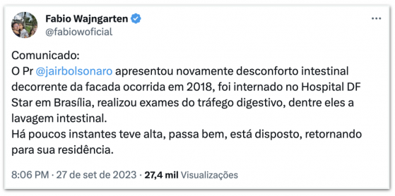 Bolsonaro dá entrada em hospital e realiza lavagem intestinal