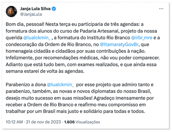 Janja cancela compromissos por motivos de saúde