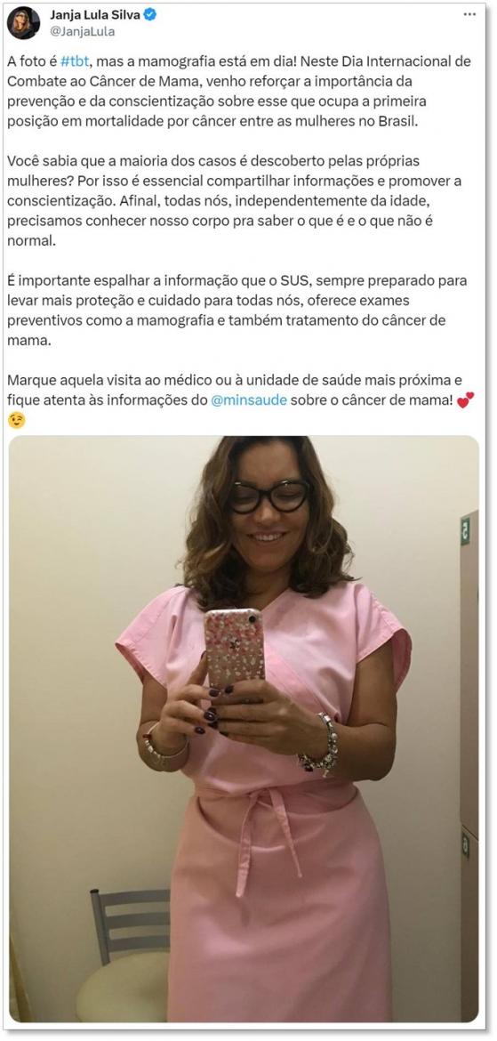 “Mamografia em dia”, diz Janja em post sobre câncer de mama