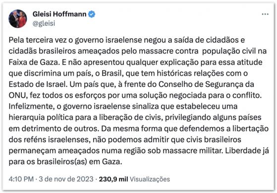 Israel faz “hierarquia política” para liberar civis, diz Gleisi