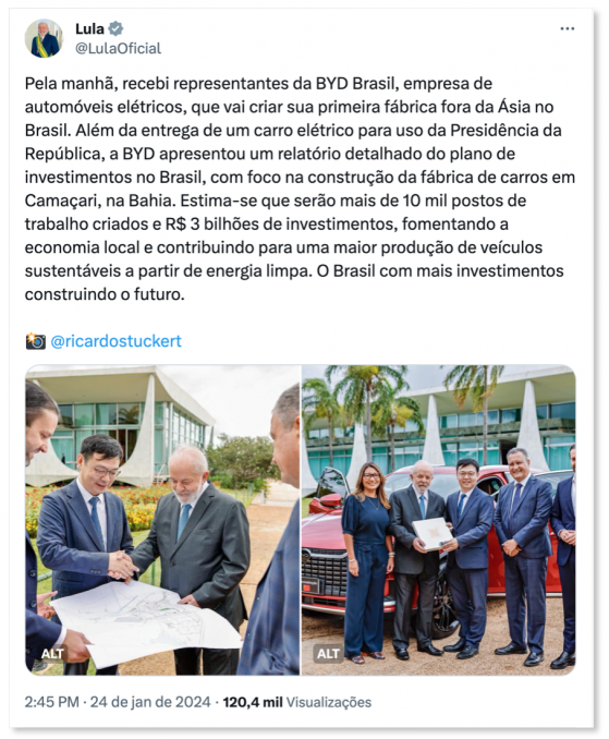 BYD empresta carro de R$ 449 mil para Lula e Janja por 1 ano