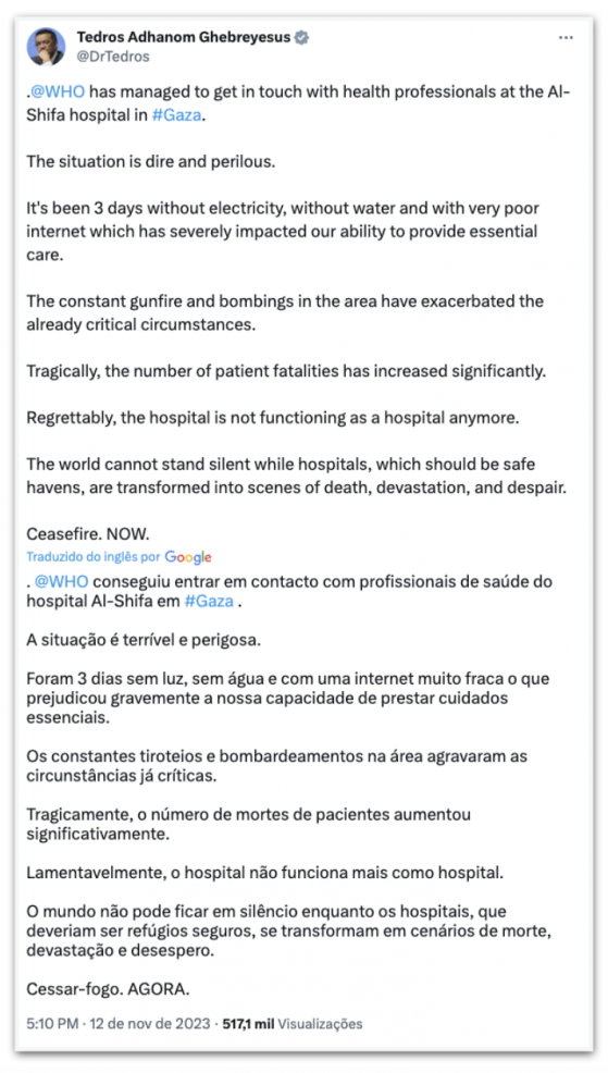 OMS retoma contato com hospital em Gaza e pede cessar-fogo