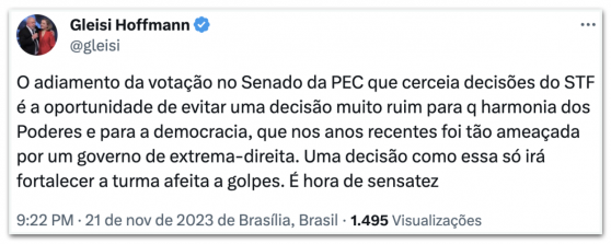 Adiar PEC que limita poderes do STF evita decisão ruim, diz Gleisi