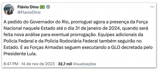 Dino prorroga atuação da Força Nacional no Rio de Janeiro até janeiro