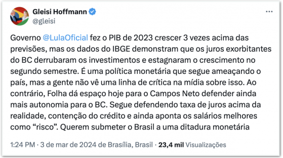 Querem submeter o Brasil a uma “ditadura monetária”, diz Gleisi sobre BC