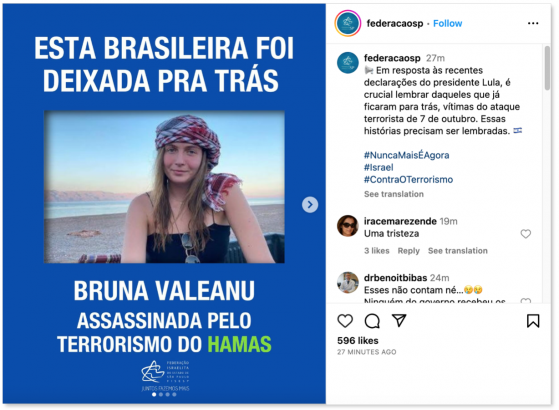 Em resposta a Lula, grupo israelita posta foto de vítimas do Hamas