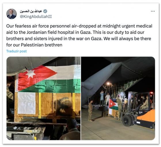 Avião da Jordânia lança pacote com ajuda médica na Faixa de Gaza