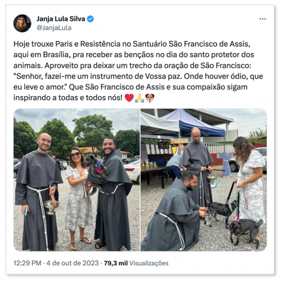 Janja leva cadelas para receber benção no dia de São Francisco