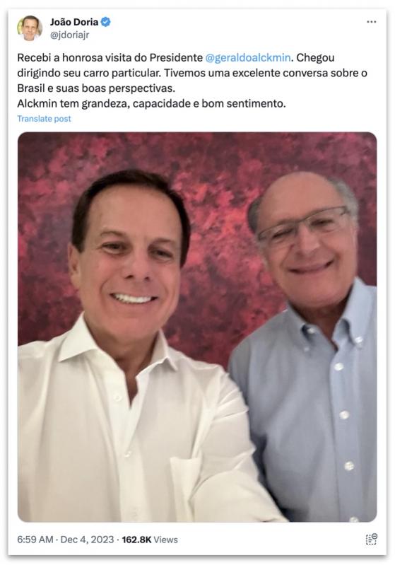 Após atritos em 2022, Alckmin visita Doria em SP