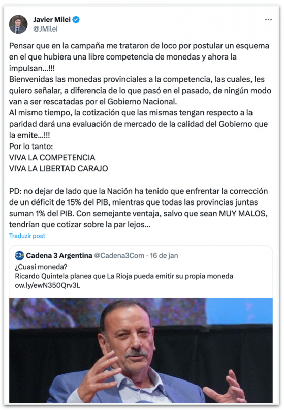 Milei celebra proposta de moeda alternativa em província argentina