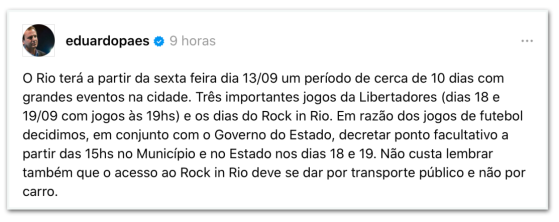 Rio terá ponto facultativo para Rock in Rio e Libertadores, diz Paes