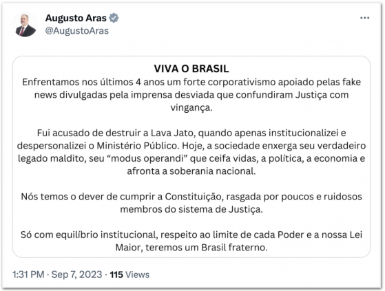 Lava Jato tem legado maldito, diz Aras após Toffoli anular provas
