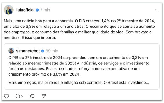 “Mais uma boa notícia”, diz Lula sobre crescimento do PIB