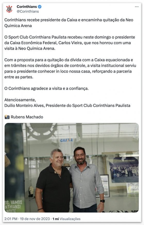 Corinthians diz que proposta de quitação de dívida está equacionada