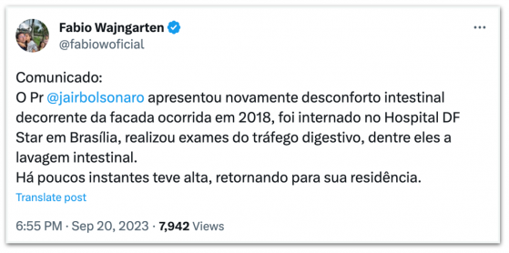 Bolsonaro é internado em Brasília após desconforto intestinal