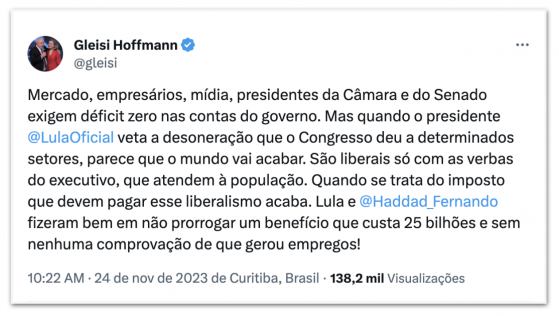 Gleisi critica reações ao veto de Lula à desoneração da folha