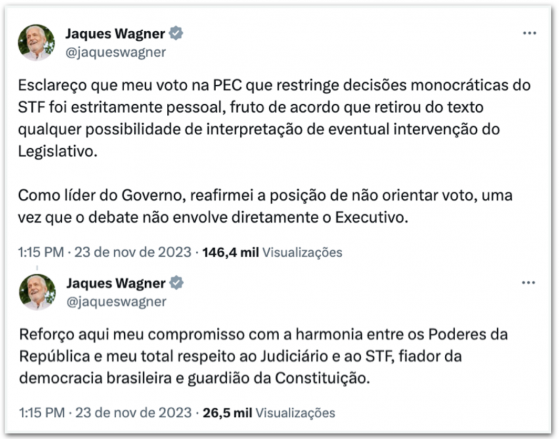 Voto de Jaques Wagner na PEC que limita STF foi estratégico