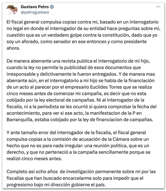 MP colombiano pede investigação de Petro por campanha eleitoral