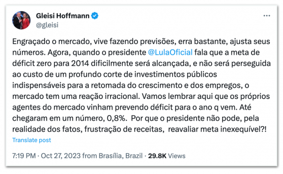 Gleisi defende Lula por “reavaliar meta inexequível”