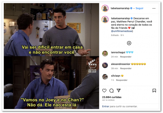 Tabata Amaral lamenta morte de Matthew Perry