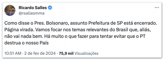Salles diz que candidatura a prefeito de SP é “assunto encerrado”