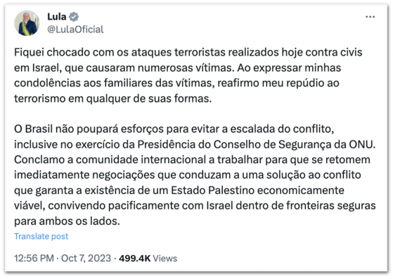 Lula lamenta ataque a Israel e pede retomada de conversas por paz