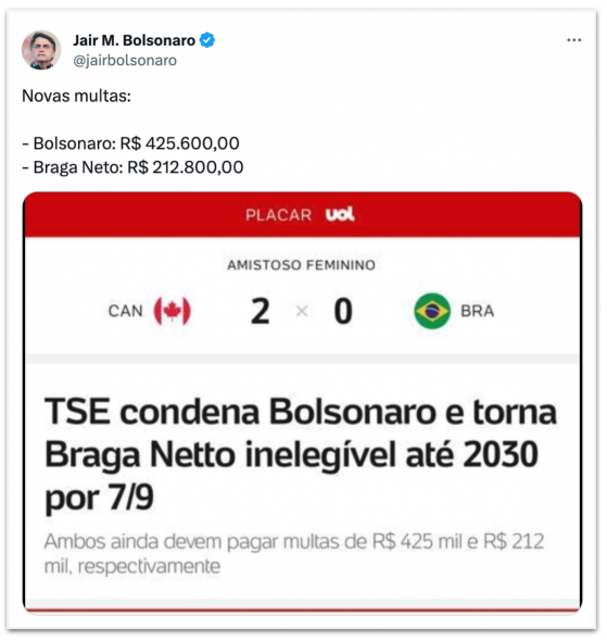 “Novas multas”, diz Bolsonaro sobre decisão do TSE