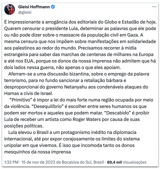 Gleisi critica “O Globo” e “Estadão” por condenarem Lula