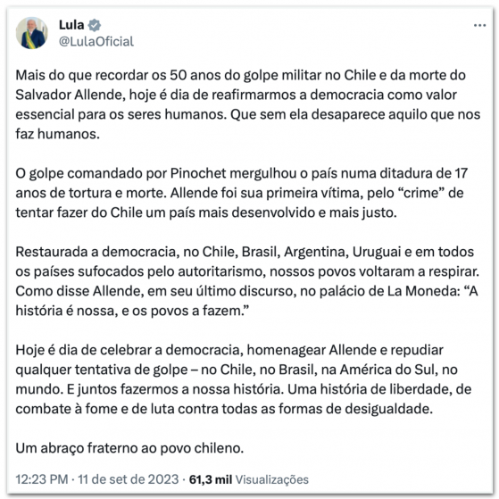 Lula fala em reafirmar democracia nos 50 anos do golpe no Chile