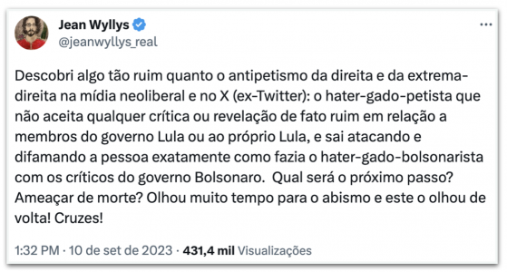 Não sou gado, diz Jean Wyllys ao rebater críticas de petistas