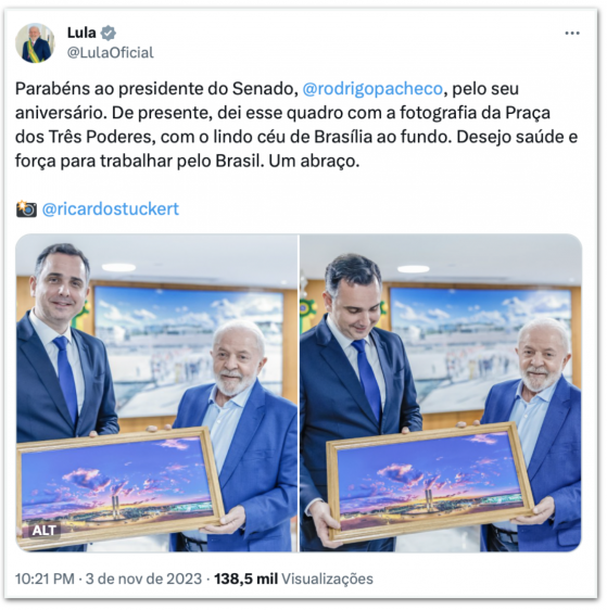 Lula presenteia Pacheco com quadro da Praça dos Três Poderes