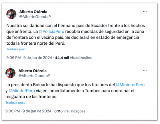 Peru declara estado de emergência na fronteira com Equador