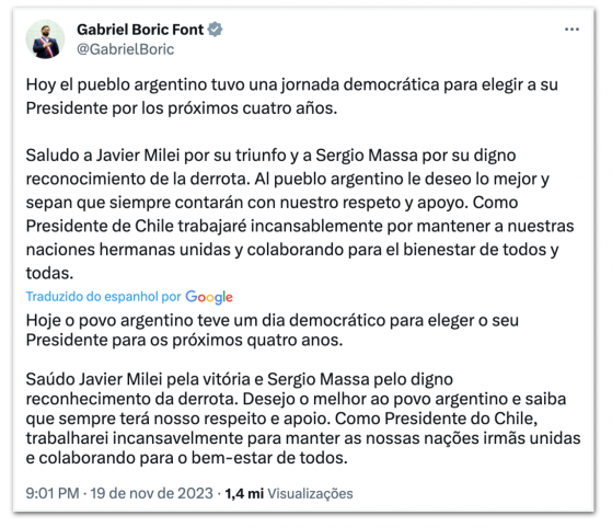 Presidentes sul-americanos dão parabéns a Milei por vitória